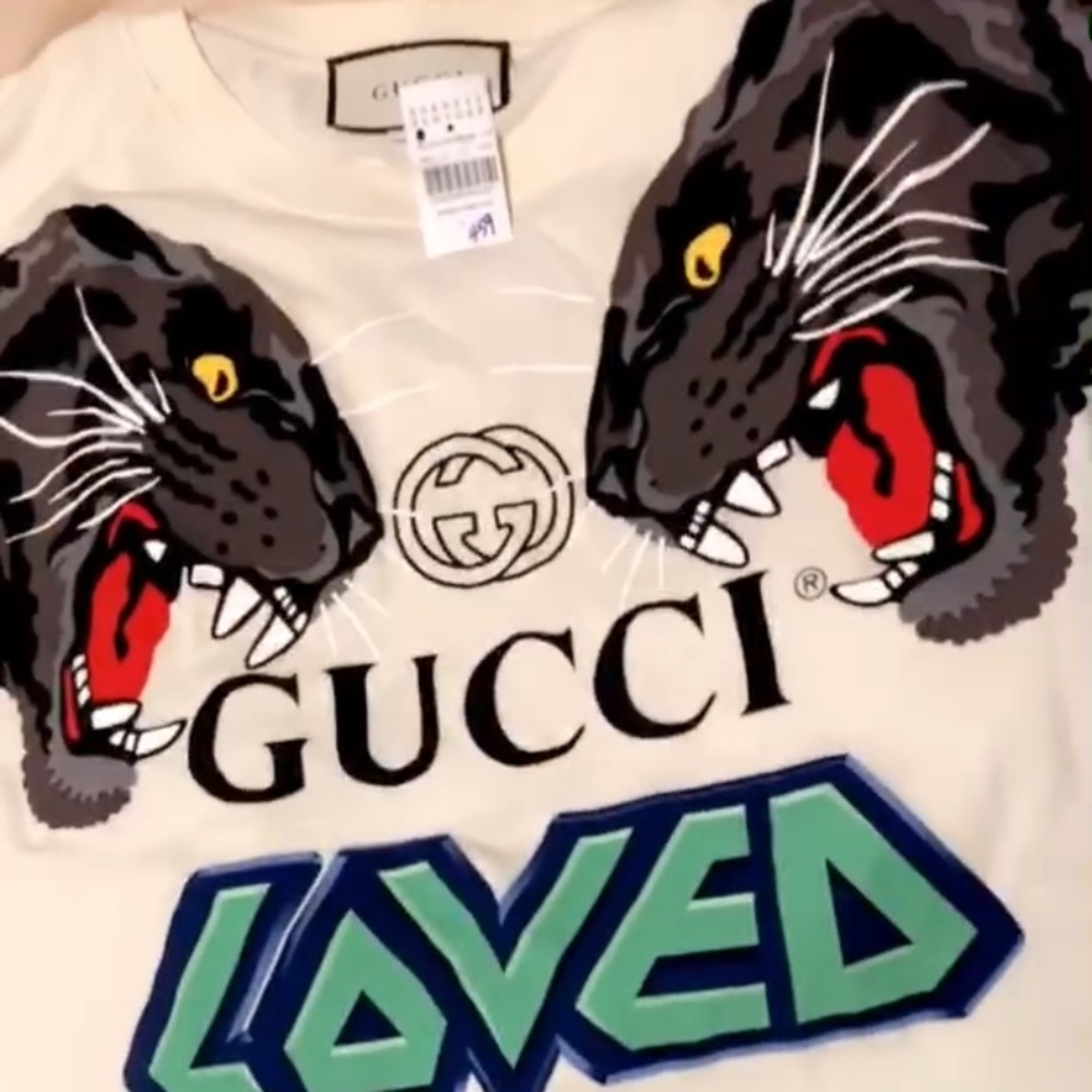 Gucci Tshirt With Double Tiger & Loved logo